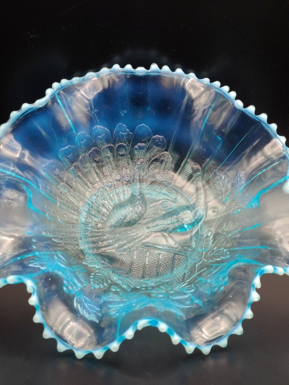 Antique Northwood Peacocks on the Fence Blue Opalescent Ruffled Bowl